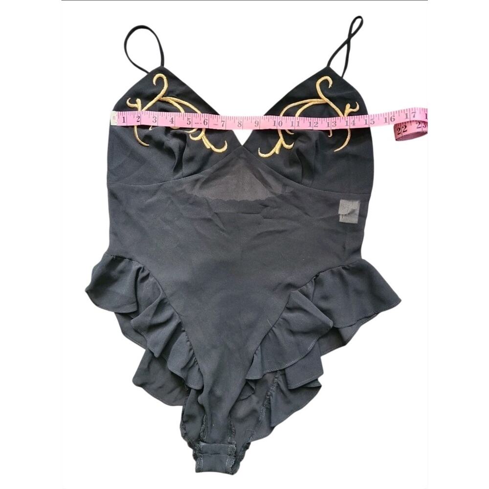 Vtg Josie Natori Black Sheer Teddy Gold Embroidery Ruffle Lingerie Bodysuit S - Picture 7 of 8